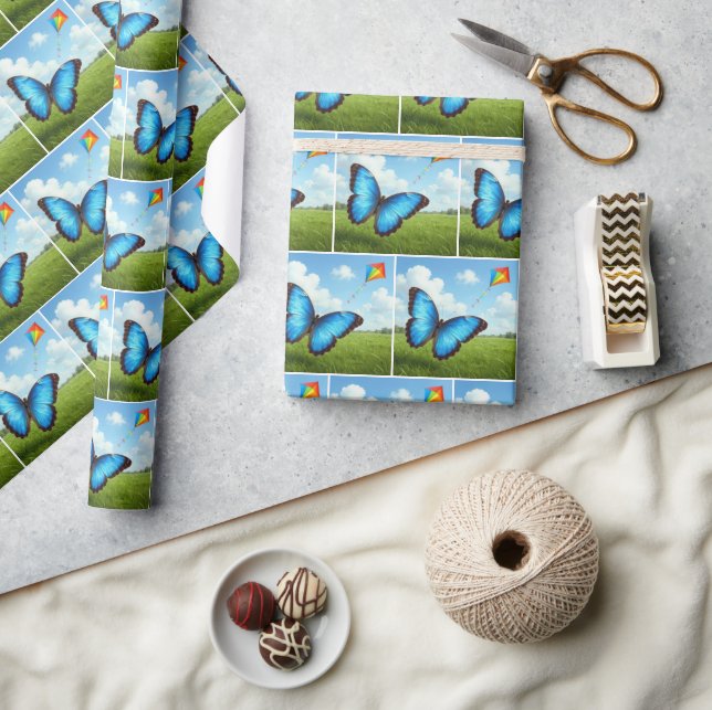 Common Morpho Butterfly Flying a Kite Wrapping Paper (Crafts)
