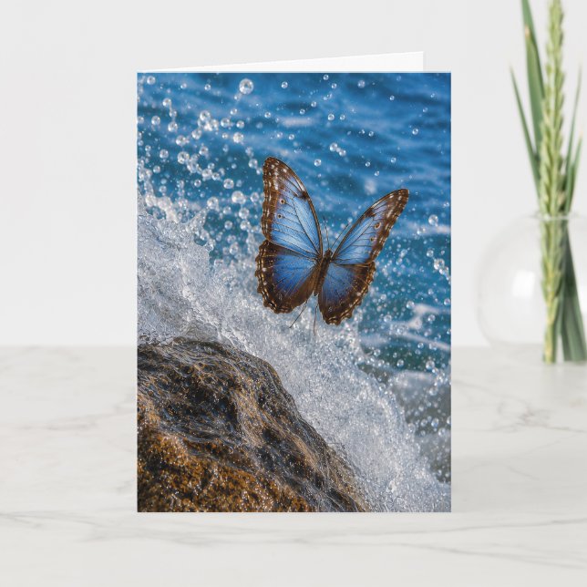 Common Morpho Butterfly Flying Over Ocean Rock Card (Front)