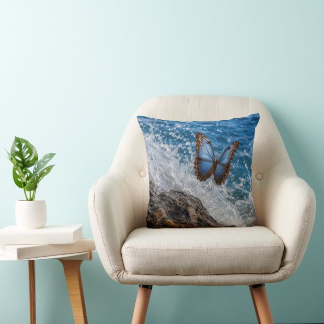 Common Morpho Butterfly Flying Over Ocean Rock Cushion (Chair)
