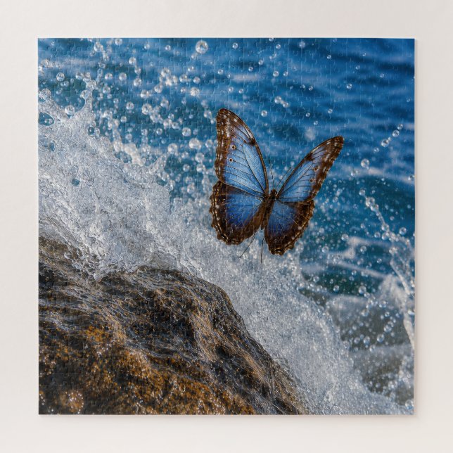 Common Morpho Butterfly Hovering Over Ocean Rock Jigsaw Puzzle (Vertical)