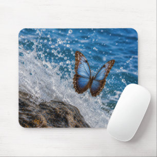Common Morpho Butterfly Hovering Over Ocean Wave Mouse Pad