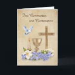 Communion and Confirmation RCIA Congratulations Card<br><div class="desc">This elegant card celebrates the sacred sacraments of First Holy Communion and Confirmation with a beautifully symbolic design. A cross, chalice, candle, and dove are thoughtfully arranged with delicate florals at the base, representing faith, the Holy Spirit, and the journey of Christian initiation. Set against a soft tan background with...</div>