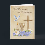 Communion and Confirmation RCIA Congratulations Card<br><div class="desc">This elegant card celebrates the sacred sacraments of First Holy Communion and Confirmation with a beautifully symbolic design. A cross, chalice, candle, and dove are thoughtfully arranged with delicate florals at the base, representing faith, the Holy Spirit, and the journey of Christian initiation. Set against a soft tan background with...</div>