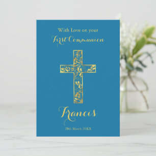 Communion blue gold cross boys  card