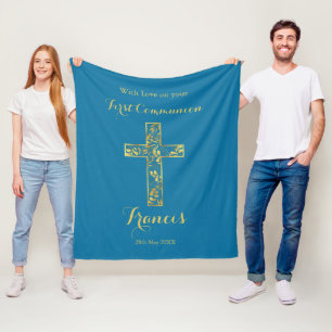 Communion blue gold cross boys fleece blanket
