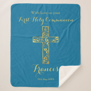Communion blue gold cross boys sherpa blanket