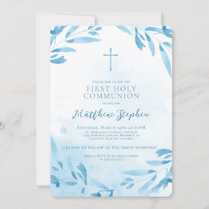 Communion Blue Watercolor Leaves and Cross Invitation