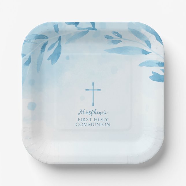 Communion Blue Watercolor Leaves and Cross  Paper Plate (Front)