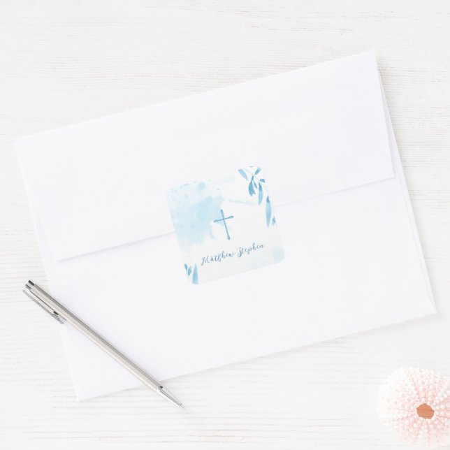 Communion Blue Watercolor Leaves and Cross  Square Sticker (Envelope)