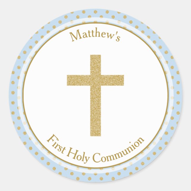 Communion Blue with Gold Polka Dots Classic Round Sticker (Front)