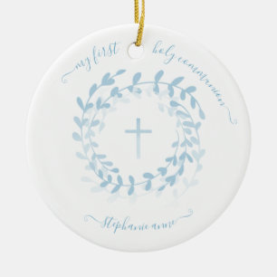 Communion Blue Wreath and Cross Ceramic Ornament