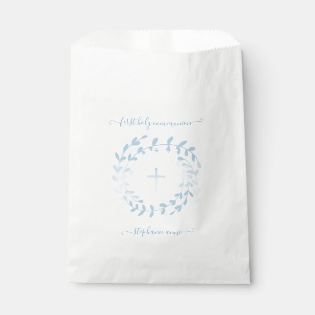 Communion Blue Wreath and Cross Favour Bag (Front)