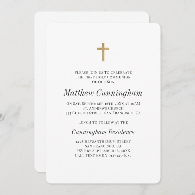 Communion Boy Minimalist with Faux Gold Cross Invitation (Front/Back)