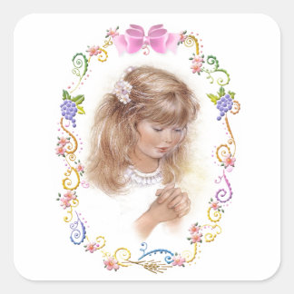 Communion, confirmation girl with flowers square sticker
