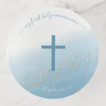 Communion Cross Blue Watercolor Trinket Trays
