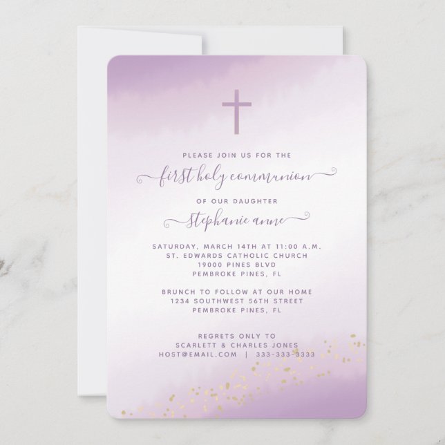 Communion Cross Lavender Watercolor Invitation (Front)