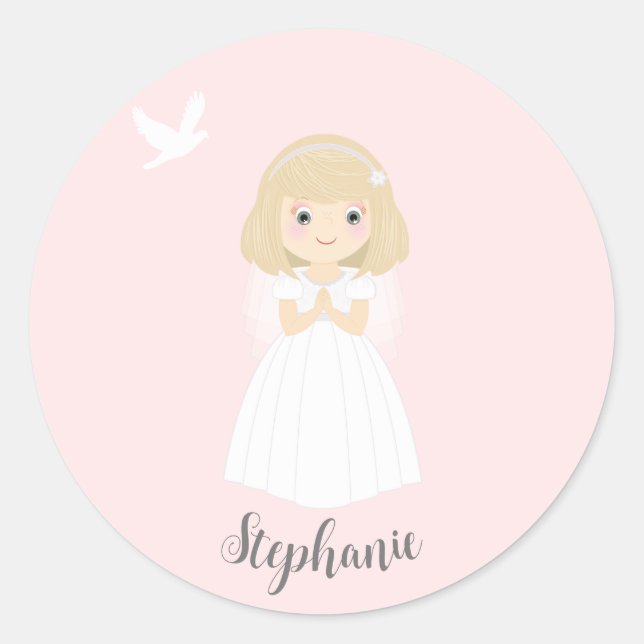 Communion Dove Blonde Girl Classic Round Sticker (Front)