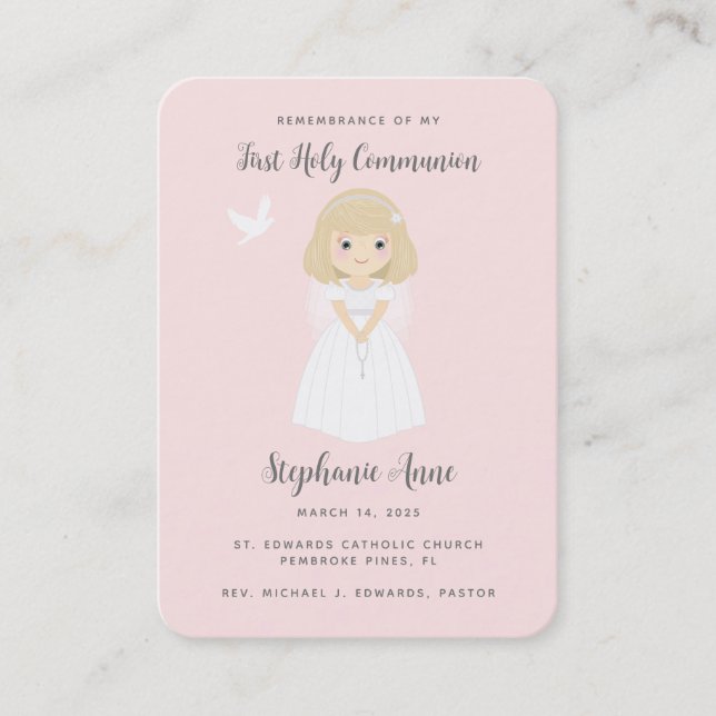 Communion Dove Blonde Girl Prayer Business Card (Front)