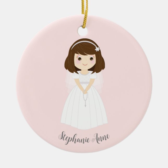 Communion Dove Brunette Girl Ceramic Ornament (Front)