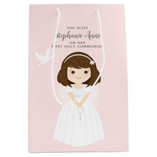 Communion Dove Brunette Girl Medium Gift Bag
