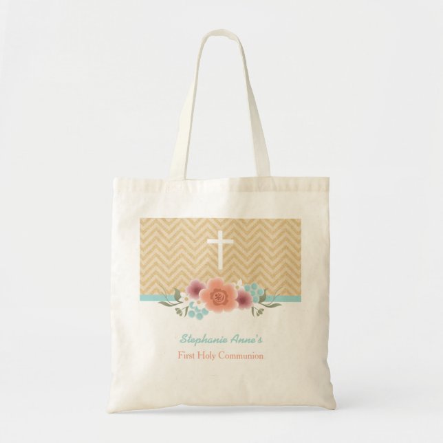 Communion Floral Swag in Gold and Aqua Tote Bag (Front)