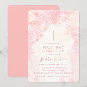 Communion Flowers Pink Watercolors Invitation