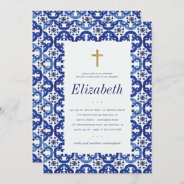 Communion For Her Blue Mediterranean Tiles Invitation (Front/Back)