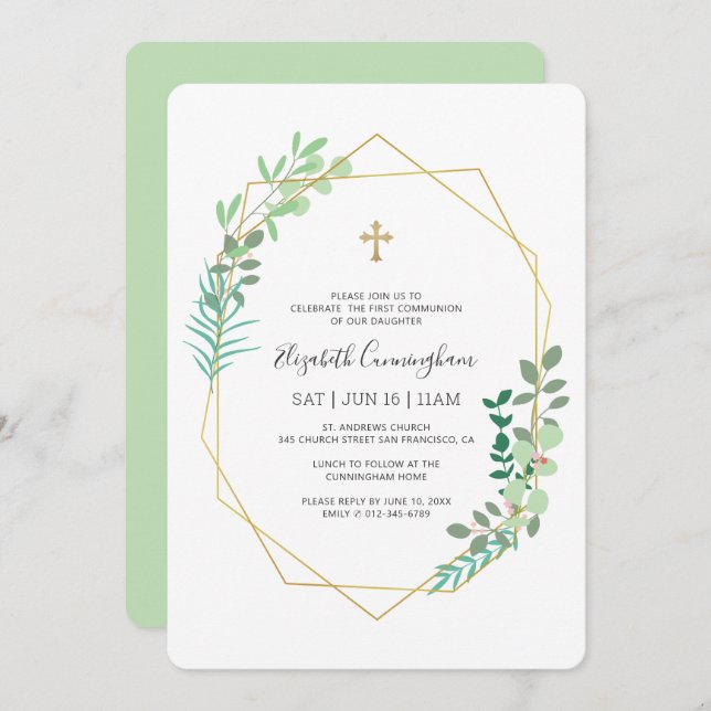 Communion For Her Geometric Foliage Gold Cross Invitation (Front/Back)