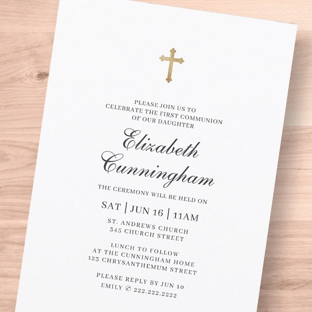Communion For Her Minimalist with Faux Gold Cross Invitation (Creator Uploaded)
