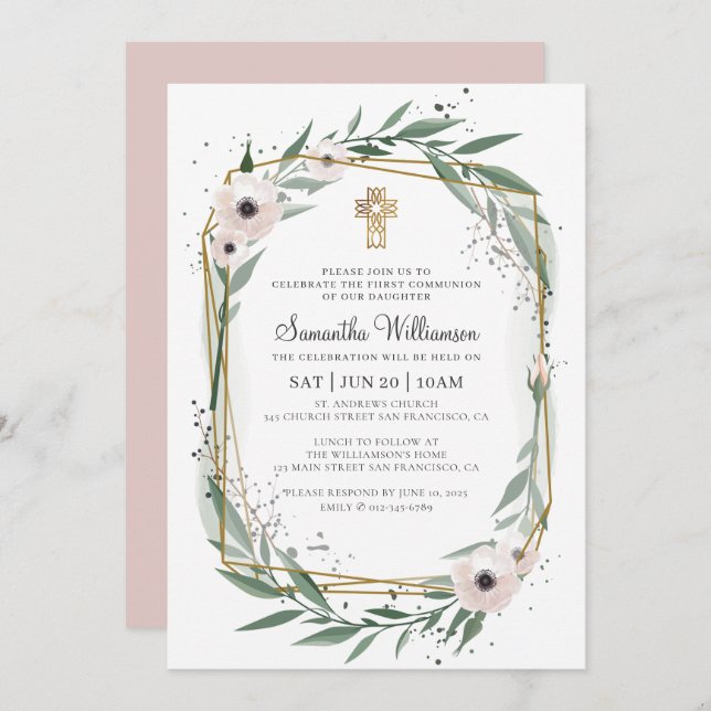 Communion For Her Modern Geometric Floral Cross Invitation (Front/Back)
