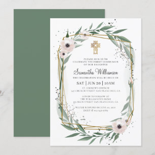 Communion For Her Modern Geometric Floral Cross Invitation