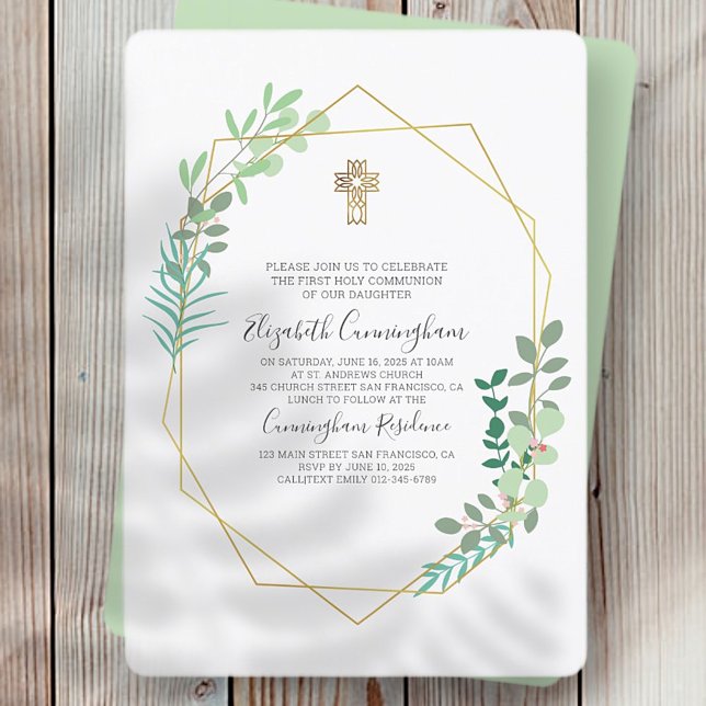 Communion Geometric Foliage Gold Cross Invitation (Creator Uploaded)