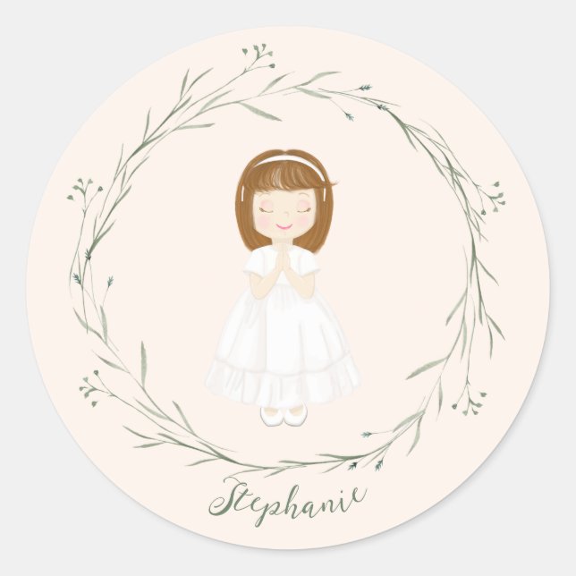Communion Girl Praying Classic Round Sticker (Front)