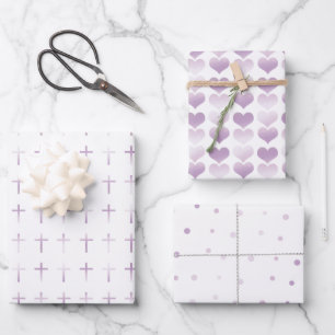 Communion Lavender Cross Hearts and Dots Wrapping Paper Sheet