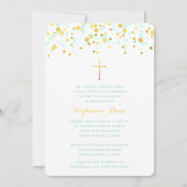 Communion Mint and Gold Confetti Invitation (Front)