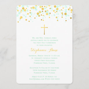 Communion Mint and Gold Confetti Invitation