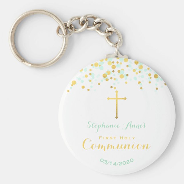 Communion Mint and Gold Confetti Key Ring (Front)