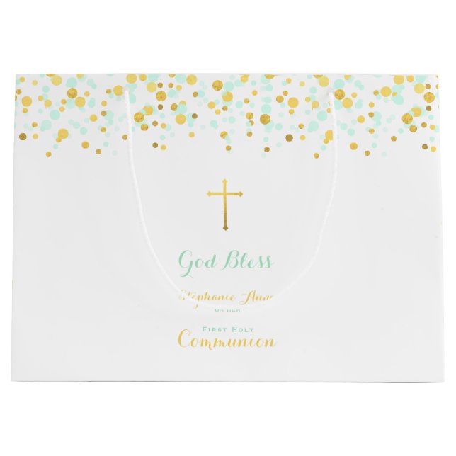 Communion Mint and Gold Confetti Large Gift Bag (Front)