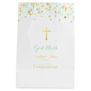 Communion Mint and Gold Confetti Medium Gift Bag