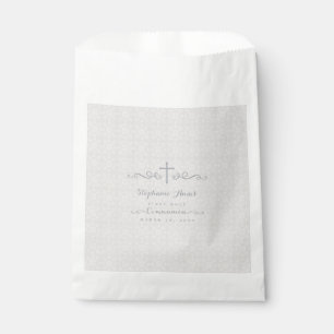 Communion Ornate Cross in Taupe Floral Pattern Favour Bag