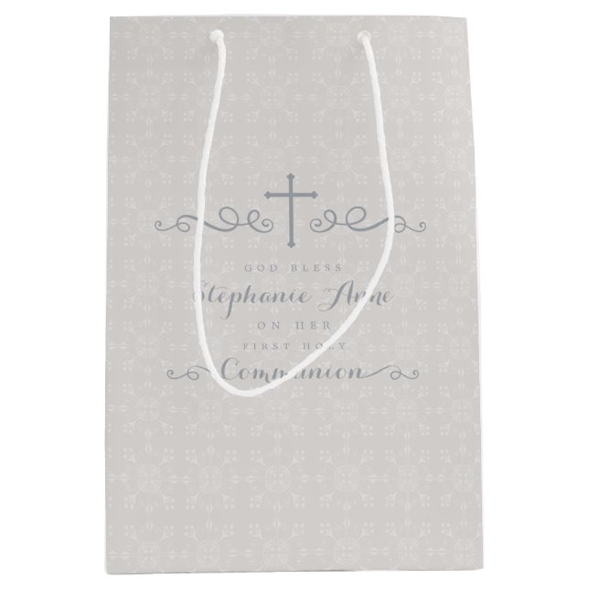 Communion Ornate Cross in Taupe Floral Pattern Medium Gift Bag (Front)