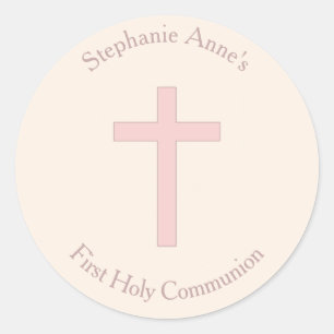 Communion Pastel Pink Cross Classic Round Sticker