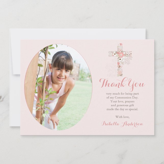 Communion Photo blush pink Floral Cross Girl  Thank You Card (Front)