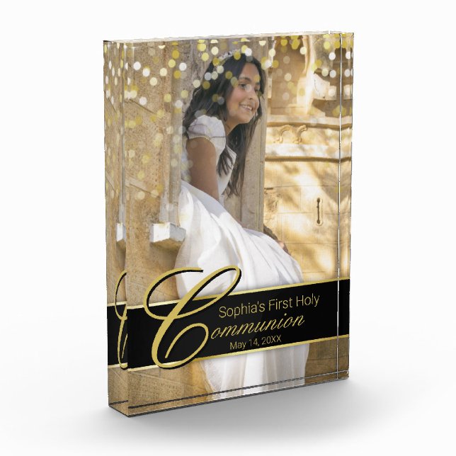 Communion Photo Elegant Gold Typography Glitter Block (Left)