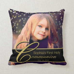 Communion Photo Elegant Gold Typography Glitter Cushion