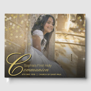 Communion Photo Elegant Gold Typography Glitter Guest Book