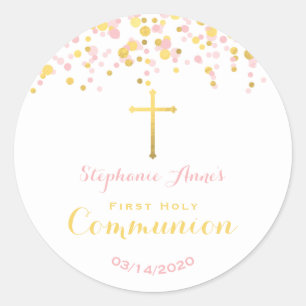 Communion Pink and Gold Confetti Classic Round Sticker