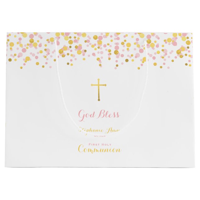 Communion Pink and Gold Confetti Large Gift Bag (Front)
