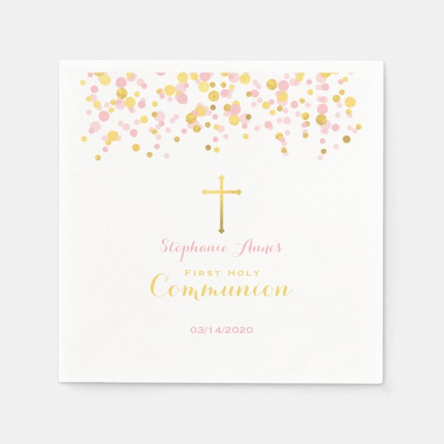 Communion Pink and Gold Confetti Napkin (Front)