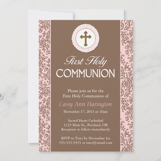 Communion Pink Leaves Invitation (Front)